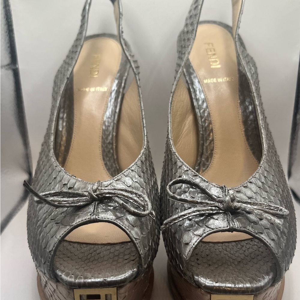 Fendi Silver Textured Peep-Toe Slingback Heels